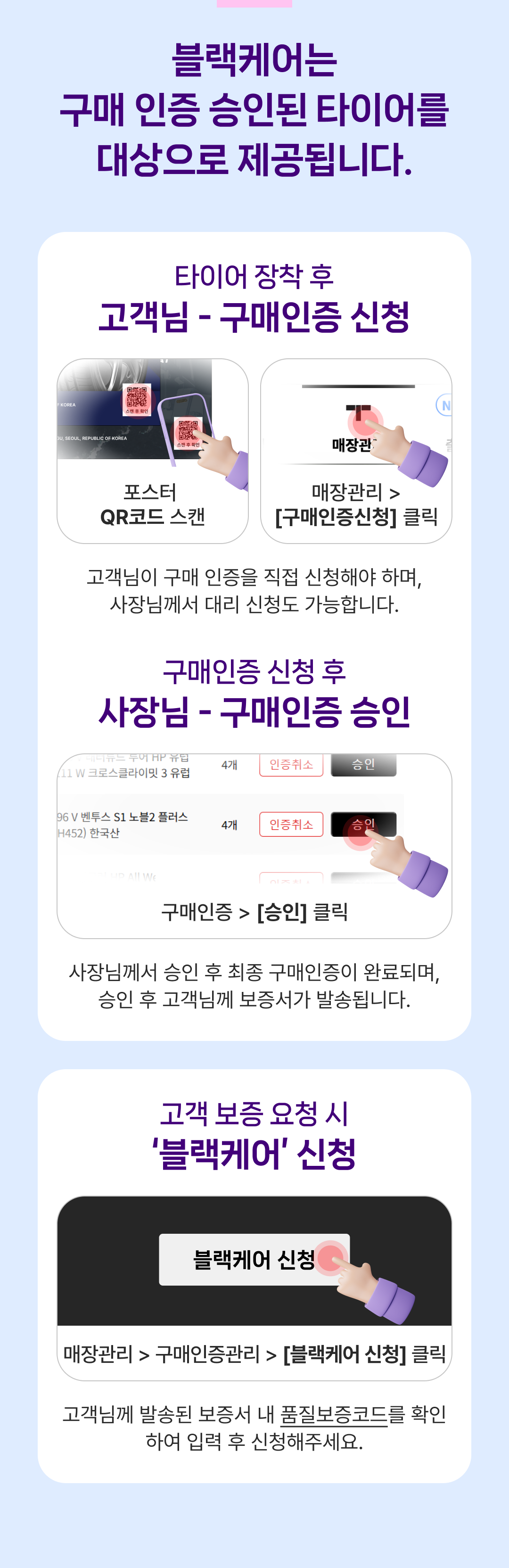 블랙케어 보증 신청 방법. 타이어 장착 후 구매인증, 구매인증 후 승인, 고객 보증 요청 시 블랙케어 신청 순서로 진행합니다.
